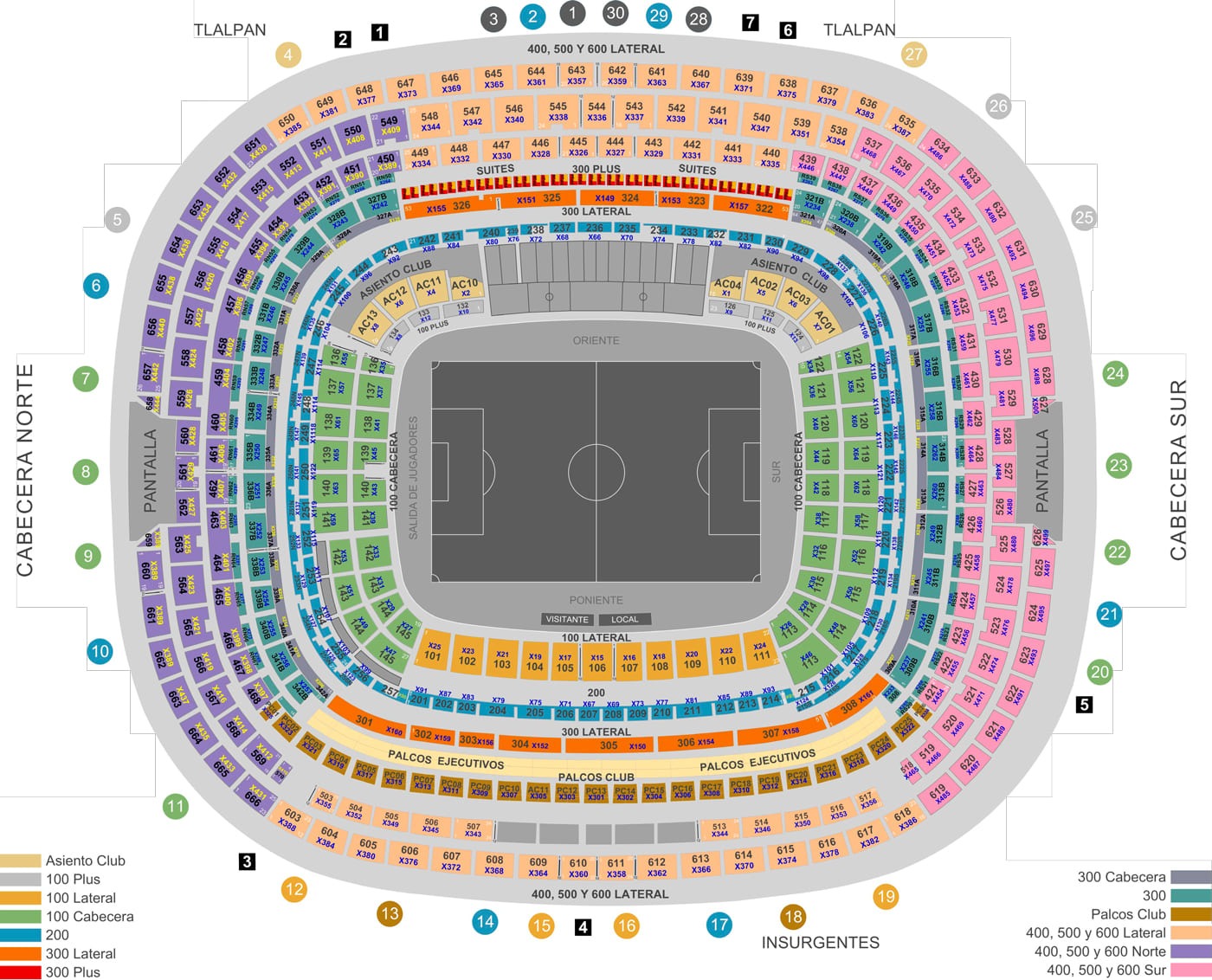 Mapa de categorias y accesibilidad del Estadio Banorte